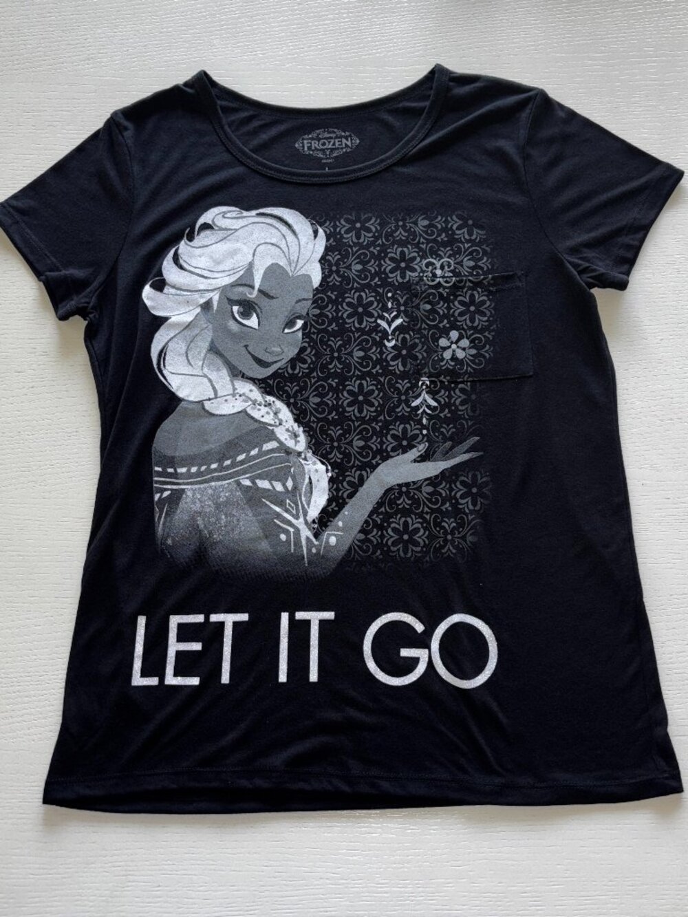 Disney Frozen Elsa Black and White Let It Go Shirt - Juniors Size L